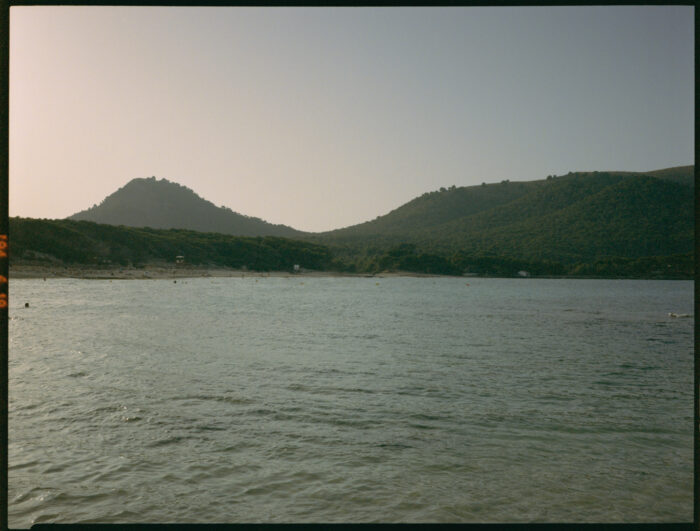 Coastal landscape of hills and sea in muted tones