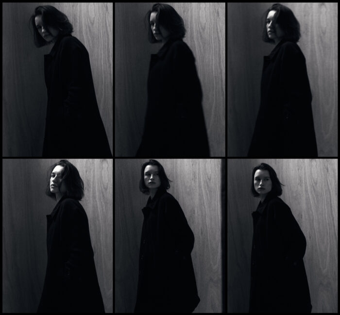 Black-and-white contact sheet showing six frames of woman in coat against wood panelling.