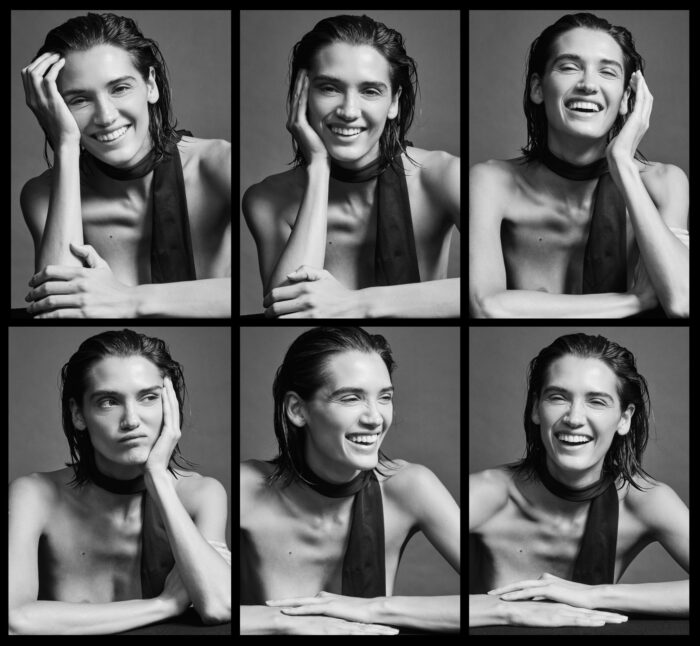 Black-and-white contact sheet showing six frames of smiling woman posing with hand near face.
